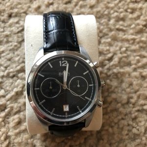 Black leather Hugo Boss watch for men.